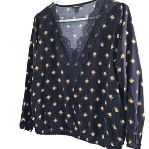 Express Womens Elastic Cuff + Waist Lacy V Neck Black Yellow Small Petite Top